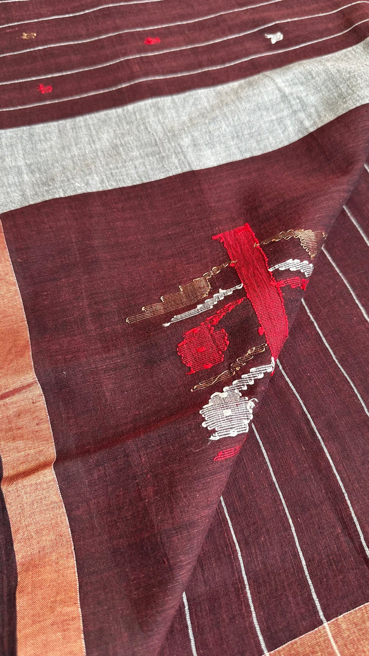 PREMIUM JAMDANI WEAVE HANDWOVEN AND HANDSPUN COTTON SAREE- CHOCO BROWN