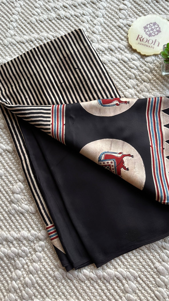 WHITE & BLACK STRIPED PICHWAI NANDI - AJRAKH HAND BLOCK PRINTED MODAL SILK SAREE