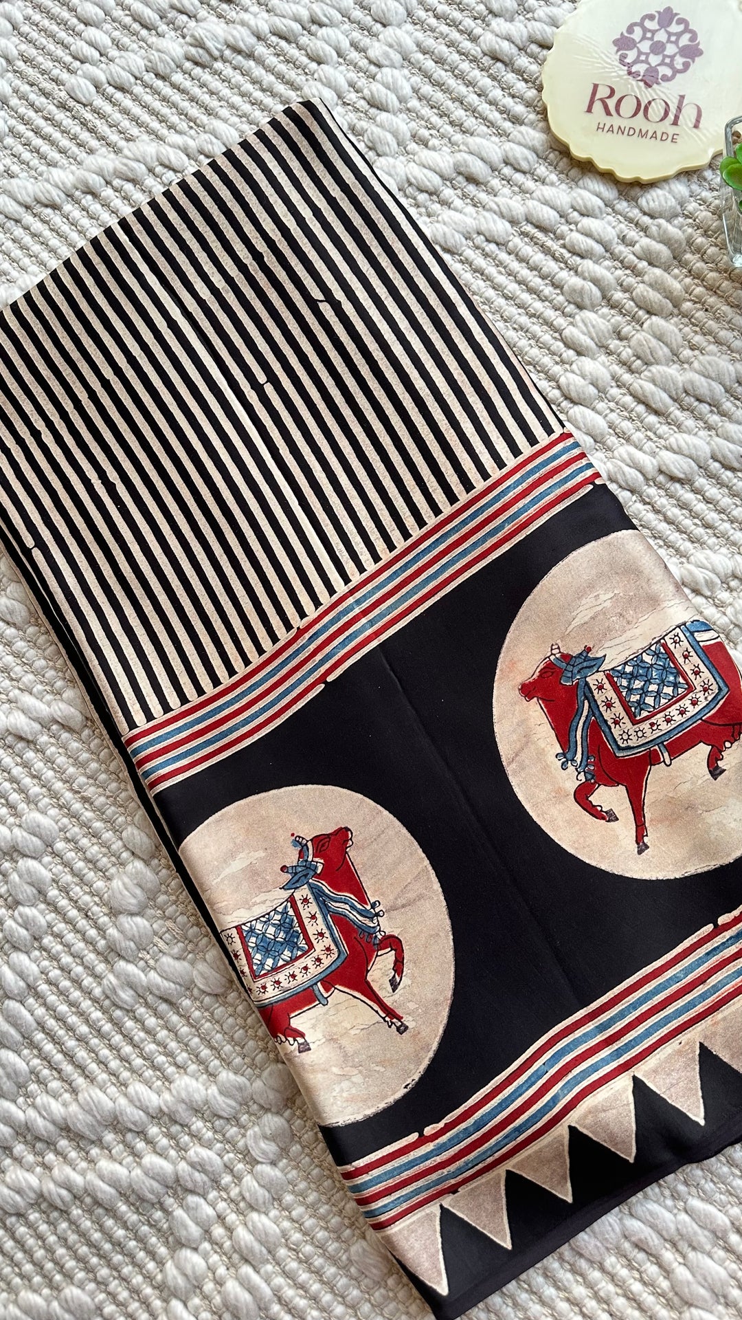 WHITE & BLACK STRIPED PICHWAI NANDI - AJRAKH HAND BLOCK PRINTED MODAL SILK SAREE