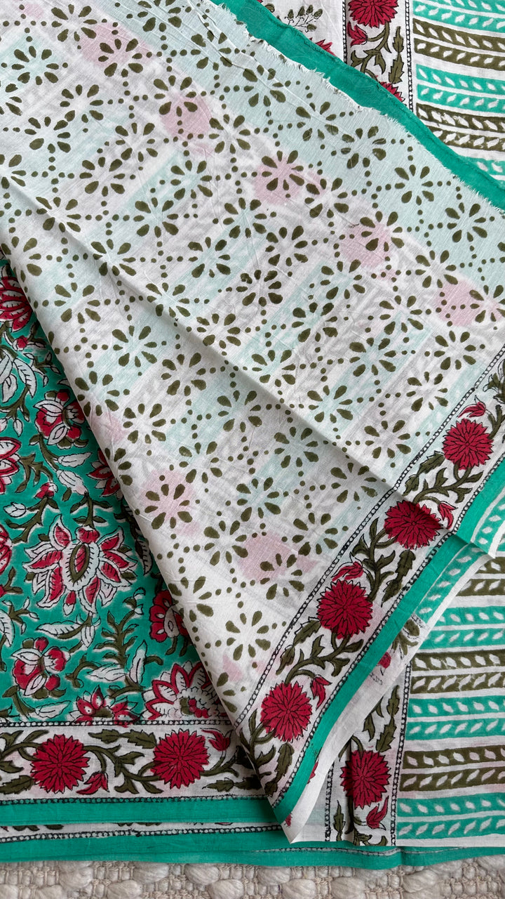 BAGRU HAND BLOCK PRINTED SOFT MULMUL COTTON SAREE- 043
