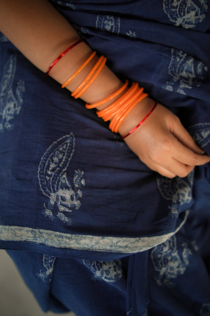 AKOLA INDIGO HAND BLOCK DABU PRINTED SOFT MULMUL COTTON SAREE- 001
