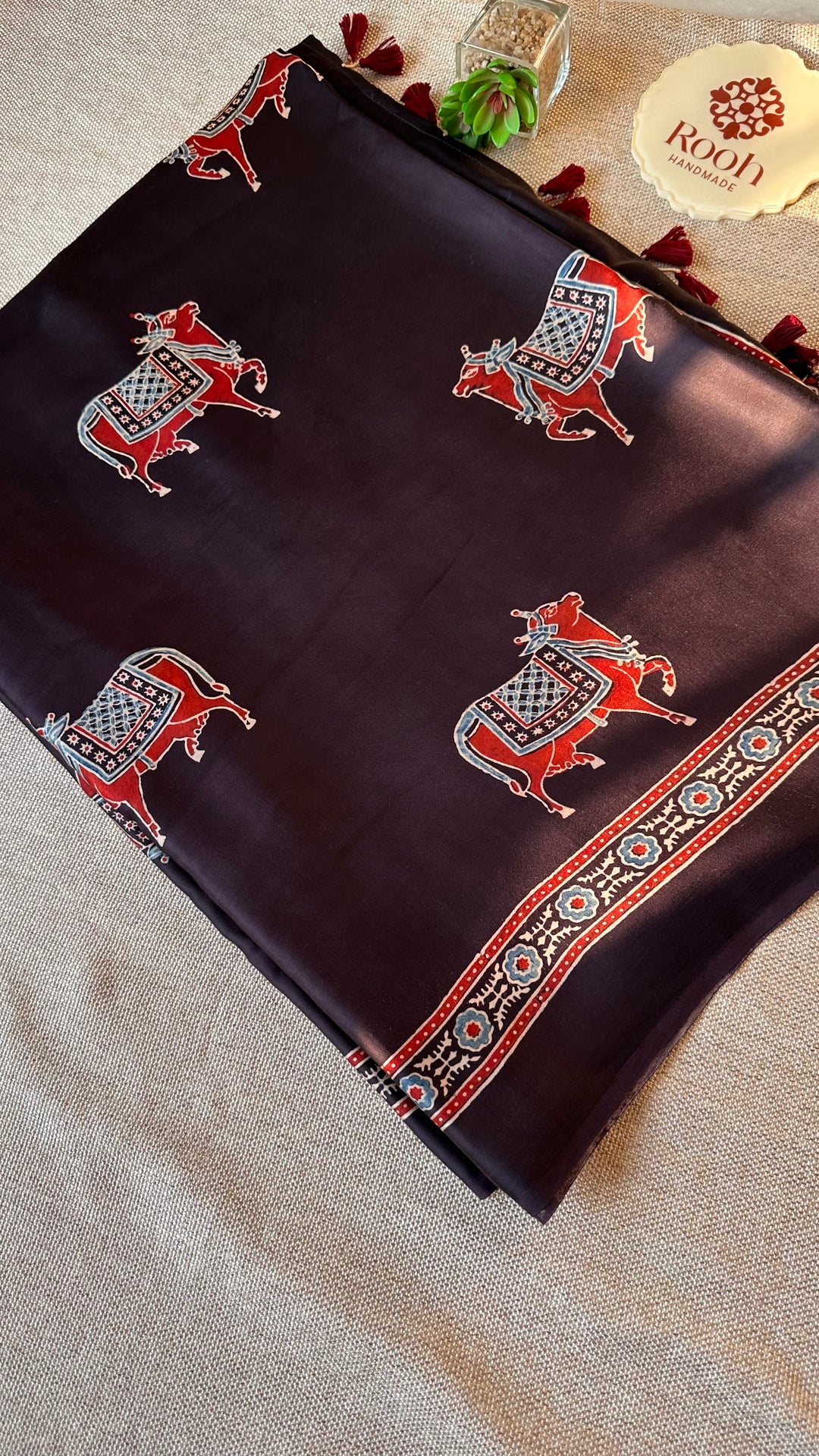 BLACK PICHWAI NANDI - AJRAKH HAND BLOCK PRINTED MODAL SILK SAREE (ONLY AVAILABLE ON PRE ORDER - DISPATCH TIME IS 30-40 DAYS)