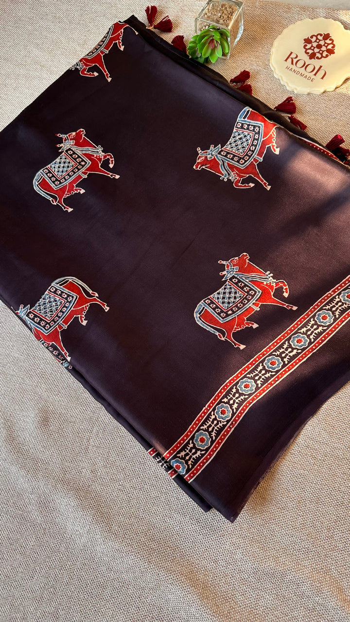 BLACK PICHWAI NANDI - AJRAKH HAND BLOCK PRINTED MODAL SILK SAREE (ONLY AVAILABLE ON PRE ORDER - DISPATCH TIME IS 30-40 DAYS)