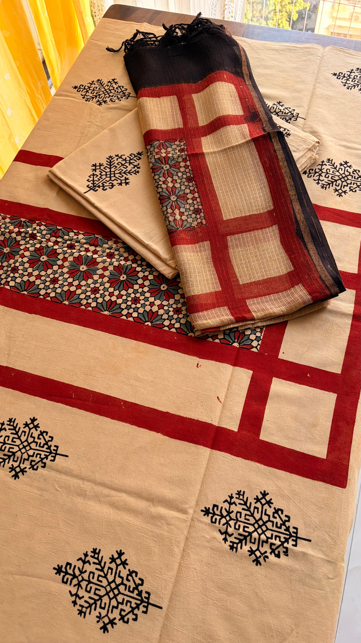 AJRAKH HANDBLOCK PRINTED UNSTITCHED DRESS MATERIAL (SET OF THREE)- BEIGE & RED