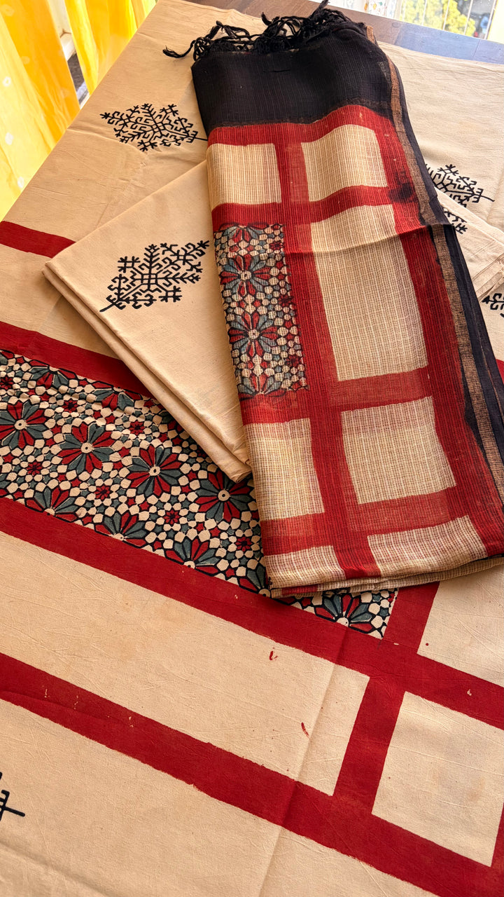 AJRAKH HANDBLOCK PRINTED UNSTITCHED DRESS MATERIAL (SET OF THREE)- BEIGE & RED