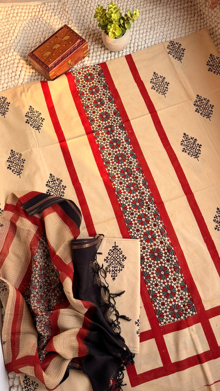 AJRAKH HANDBLOCK PRINTED UNSTITCHED DRESS MATERIAL (SET OF THREE)- BEIGE & RED