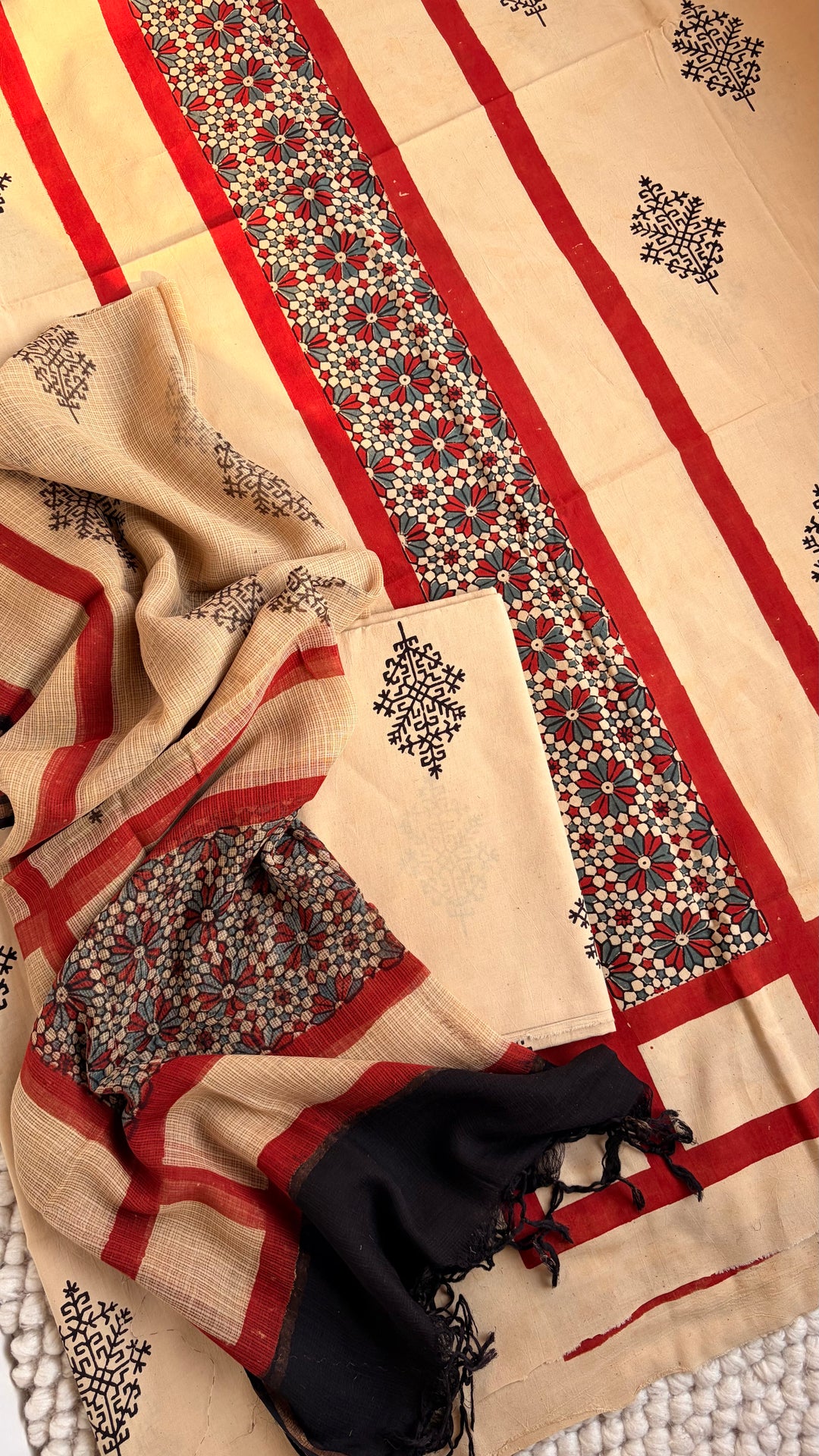 AJRAKH HANDBLOCK PRINTED UNSTITCHED DRESS MATERIAL (SET OF THREE)- BEIGE & RED