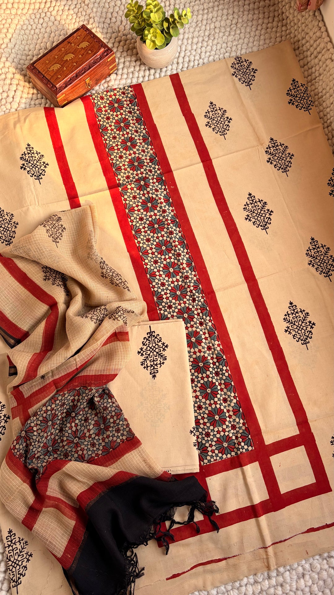 AJRAKH HANDBLOCK PRINTED UNSTITCHED DRESS MATERIAL (SET OF THREE)- BEIGE & RED