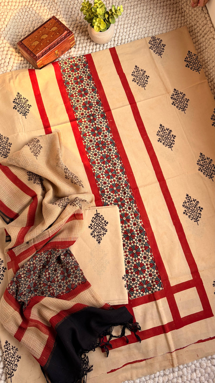 AJRAKH HANDBLOCK PRINTED UNSTITCHED DRESS MATERIAL (SET OF THREE)- BEIGE & RED