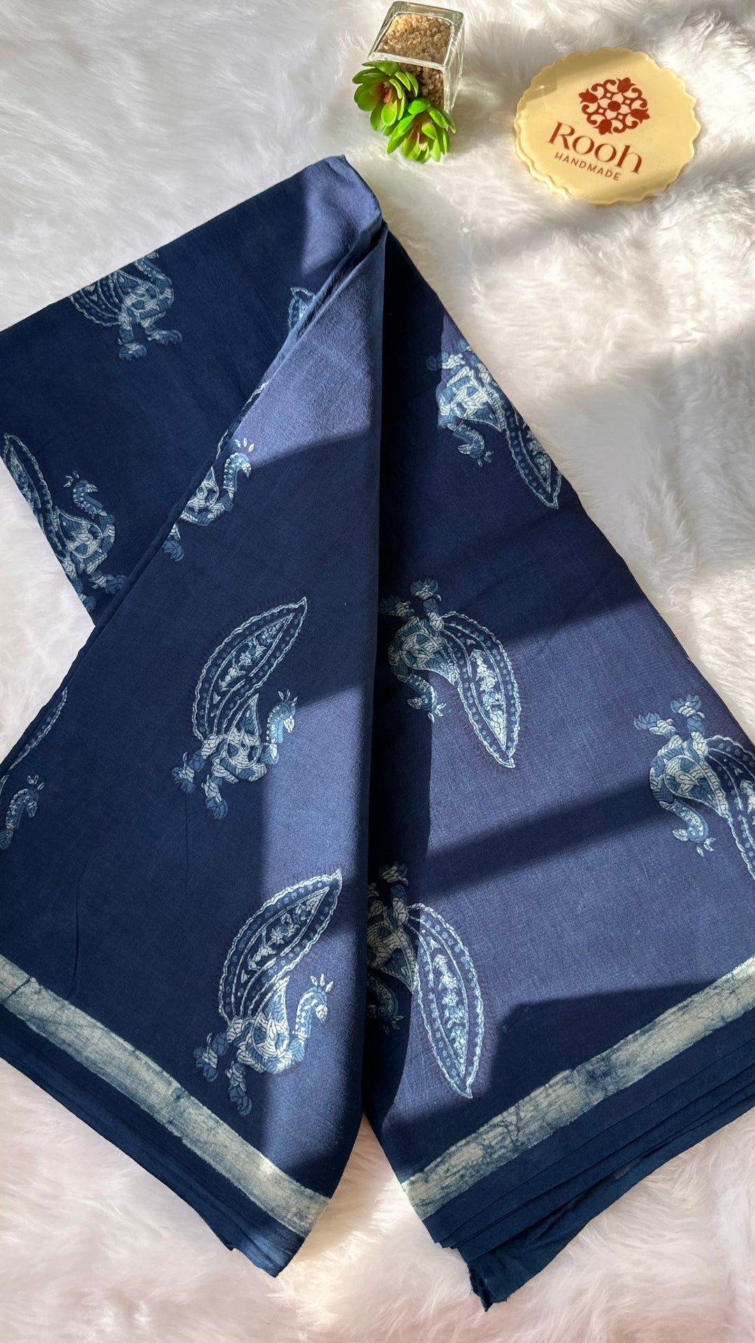 AKOLA INDIGO HAND BLOCK DABU PRINTED SOFT MULMUL COTTON SAREE- 001