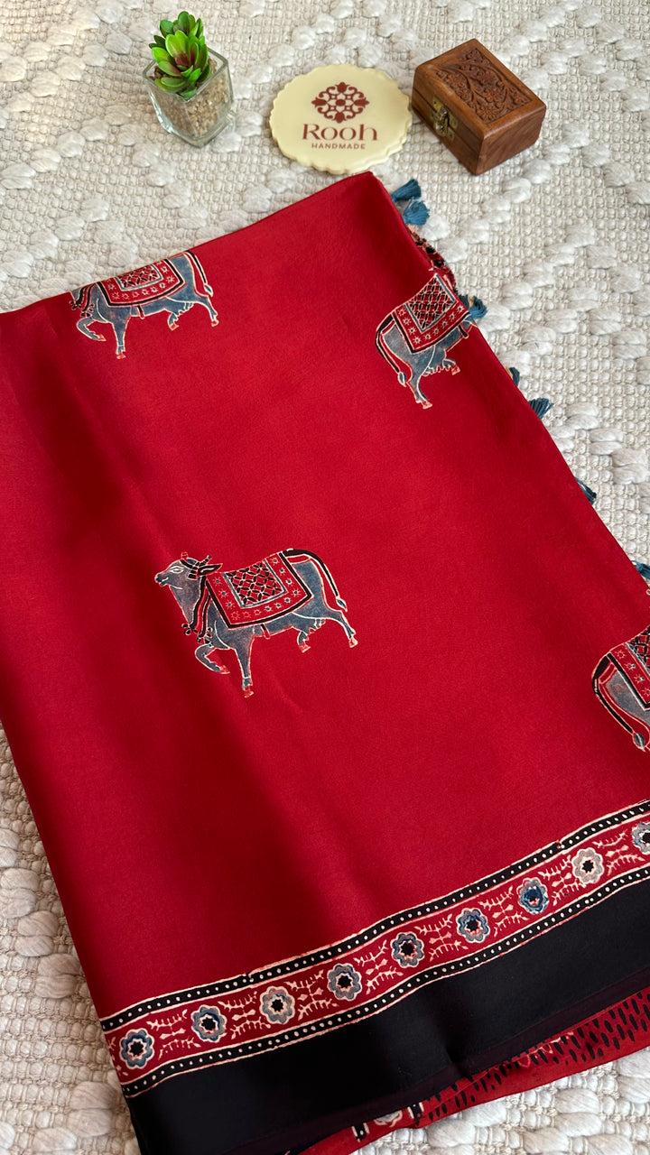 MADDER RED  PICHWAI NANDI - AJRAKH HAND BLOCK PRINTED MODAL SILK SAREE