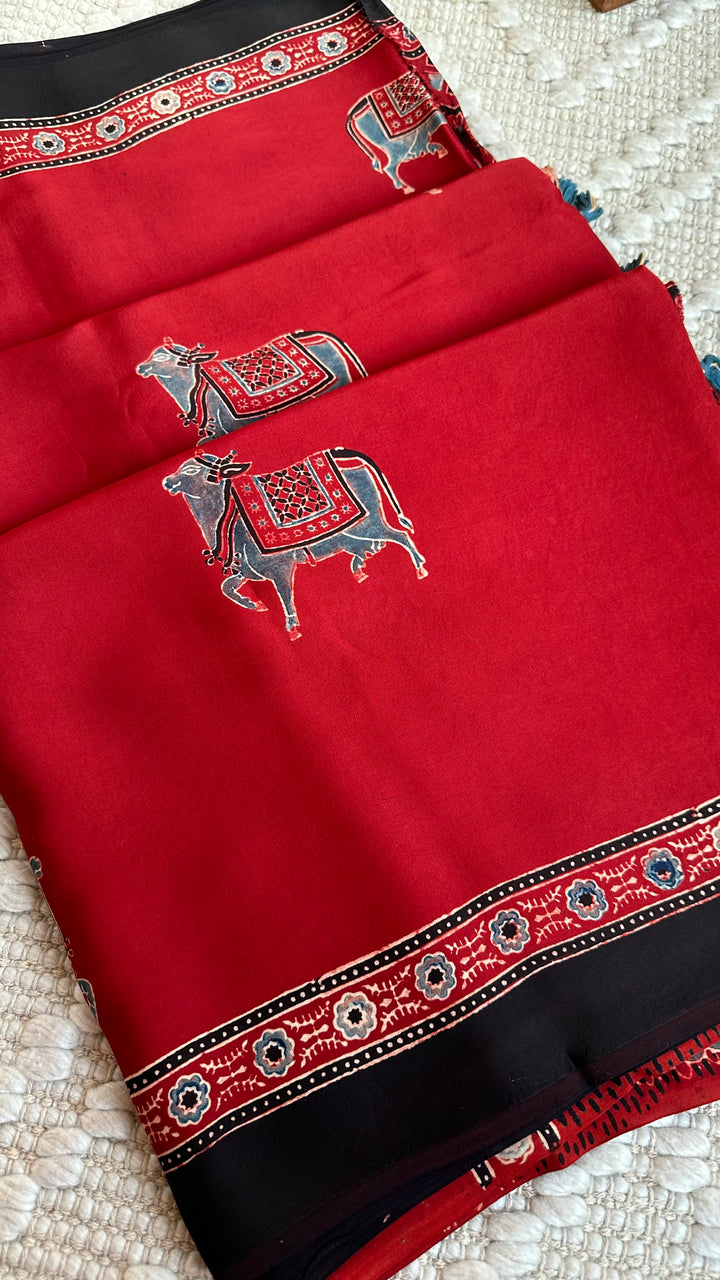 MADDER RED  PICHWAI NANDI - AJRAKH HAND BLOCK PRINTED MODAL SILK SAREE