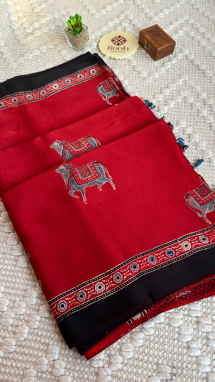 MADDER RED  PICHWAI NANDI - AJRAKH HAND BLOCK PRINTED MODAL SILK SAREE