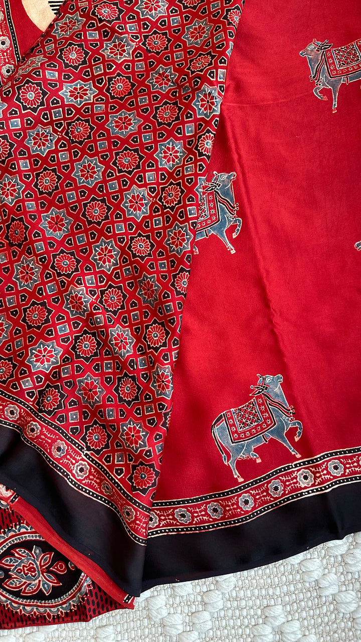 MADDER RED  PICHWAI NANDI - AJRAKH HAND BLOCK PRINTED MODAL SILK SAREE