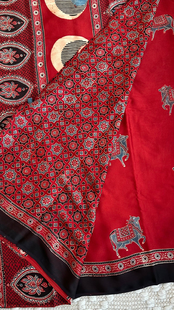 MADDER RED  PICHWAI NANDI - AJRAKH HAND BLOCK PRINTED MODAL SILK SAREE