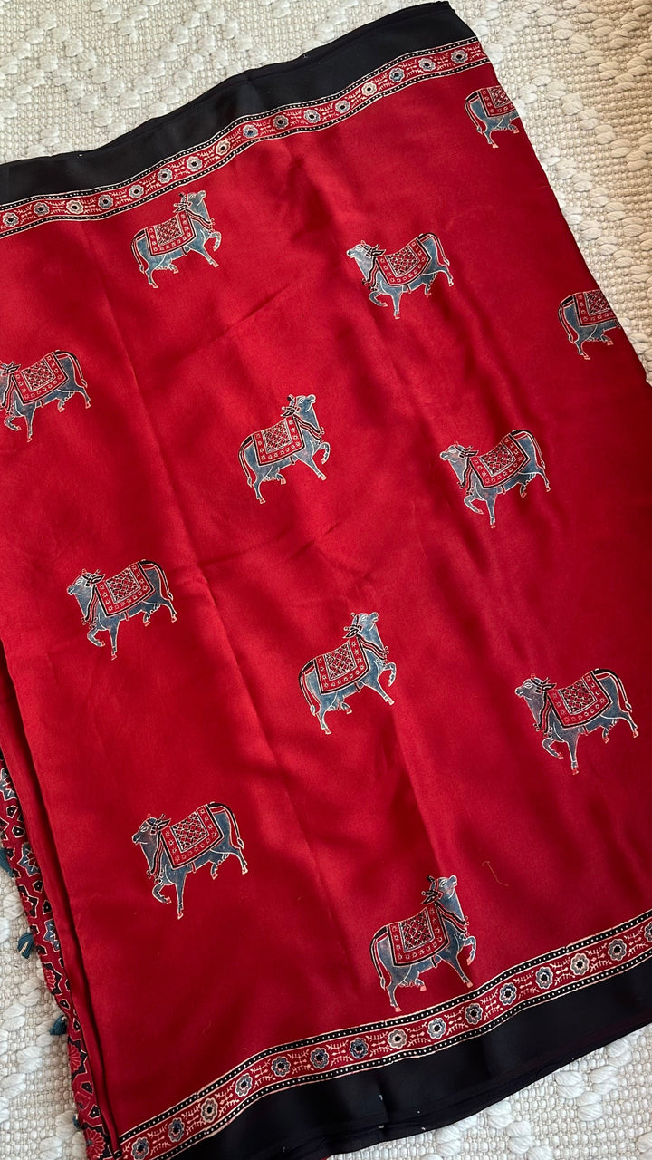 MADDER RED  PICHWAI NANDI - AJRAKH HAND BLOCK PRINTED MODAL SILK SAREE