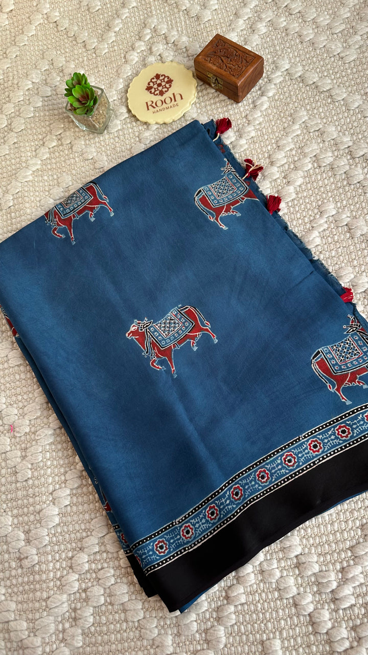 INDIGO PICHWAI NANDI - AJRAKH HAND BLOCK PRINTED MODAL SILK SAREE (ONLY AVAILABLE ON PRE ORDER- DISPATCH TIME IS 30-35 DAYS)