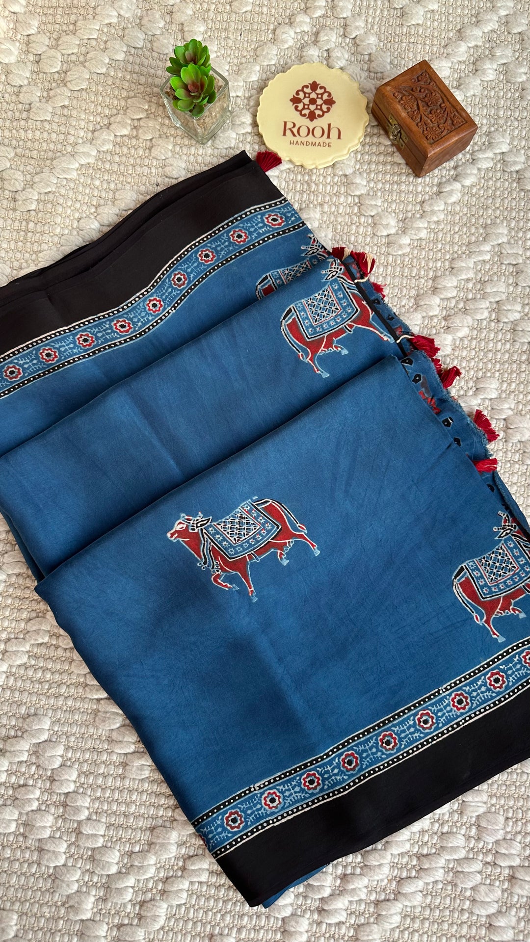 INDIGO PICHWAI NANDI - AJRAKH HAND BLOCK PRINTED MODAL SILK SAREE (ONLY AVAILABLE ON PRE ORDER- DISPATCH TIME IS 30-35 DAYS)