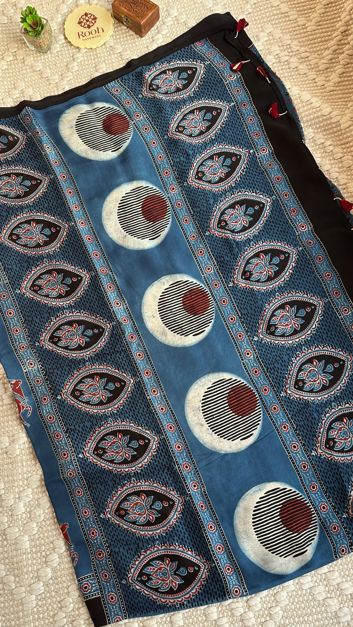 INDIGO PICHWAI NANDI - AJRAKH HAND BLOCK PRINTED MODAL SILK SAREE (ONLY AVAILABLE ON PRE ORDER- DISPATCH TIME IS 30-35 DAYS)