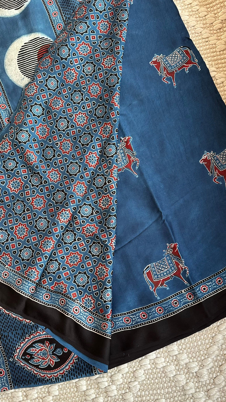 INDIGO PICHWAI NANDI - AJRAKH HAND BLOCK PRINTED MODAL SILK SAREE (ONLY AVAILABLE ON PRE ORDER- DISPATCH TIME IS 30-35 DAYS)
