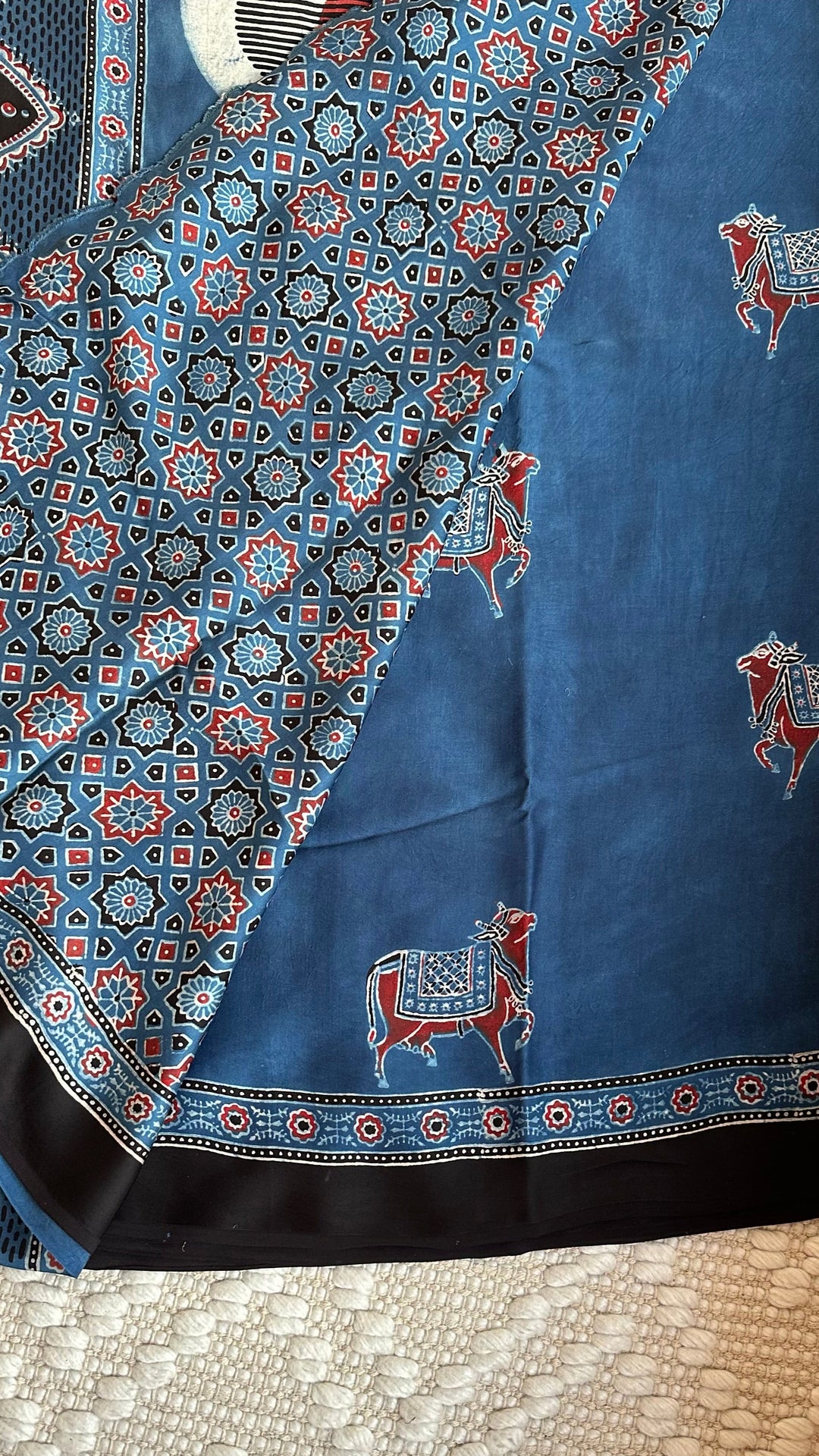 INDIGO PICHWAI NANDI - AJRAKH HAND BLOCK PRINTED MODAL SILK SAREE (ONLY AVAILABLE ON PRE ORDER- DISPATCH TIME IS 30-35 DAYS)