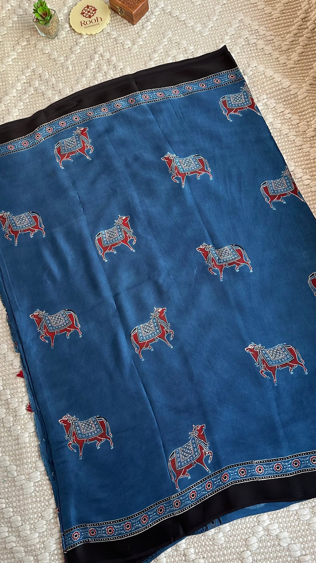 INDIGO PICHWAI NANDI - AJRAKH HAND BLOCK PRINTED MODAL SILK SAREE (ONLY AVAILABLE ON PRE ORDER- DISPATCH TIME IS 30-35 DAYS)
