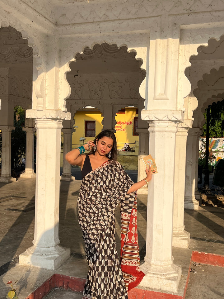 BAGRU HAND BLOCK PRINTED SOFT MULMUL COTTON SAREE- 021