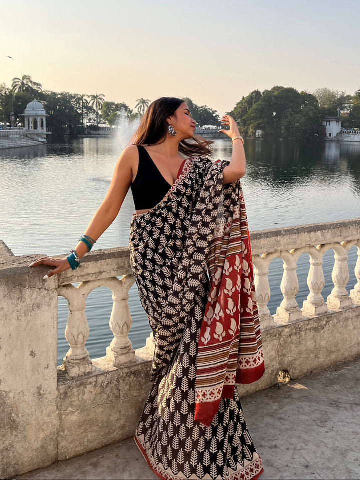 BAGRU HAND BLOCK PRINTED SOFT MULMUL COTTON SAREE- 021