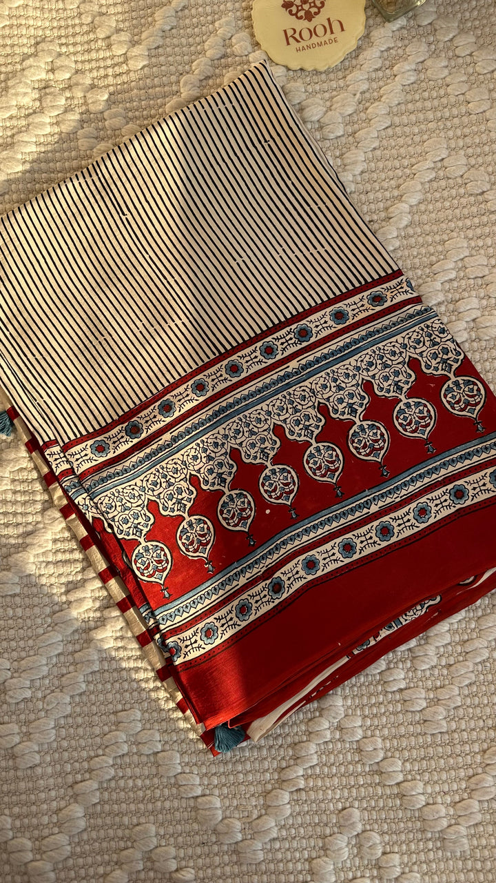 THE CLASSIC STRIPES - AJRAKH HAND BLOCK PRINTED MODAL SILK SAREE