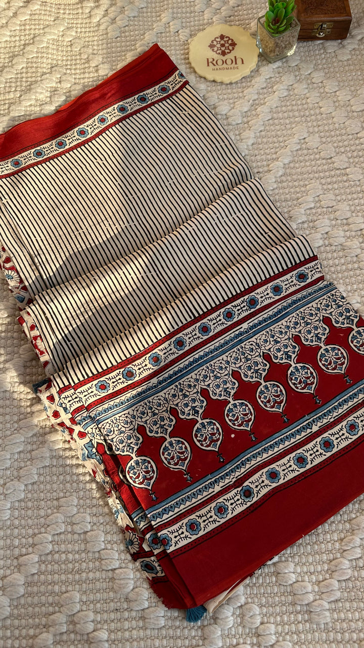 THE CLASSIC STRIPES - AJRAKH HAND BLOCK PRINTED MODAL SILK SAREE