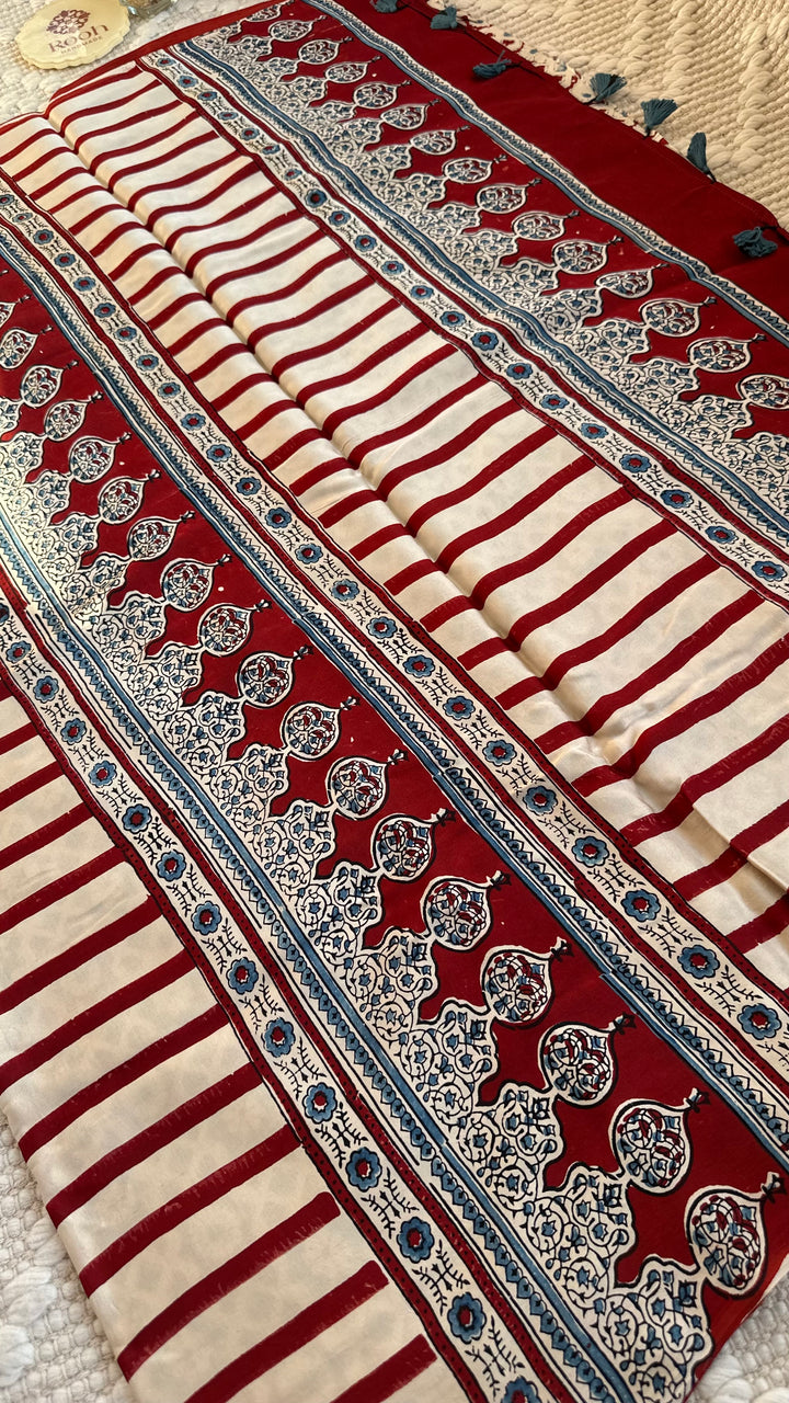 THE CLASSIC STRIPES - AJRAKH HAND BLOCK PRINTED MODAL SILK SAREE