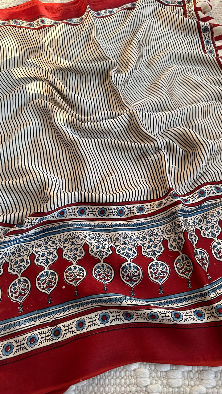 THE CLASSIC STRIPES - AJRAKH HAND BLOCK PRINTED MODAL SILK SAREE
