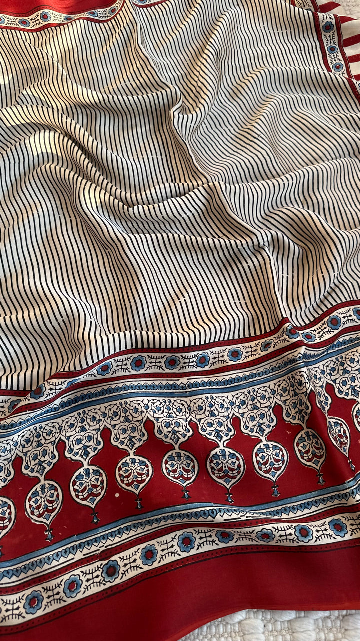 THE CLASSIC STRIPES - AJRAKH HAND BLOCK PRINTED MODAL SILK SAREE