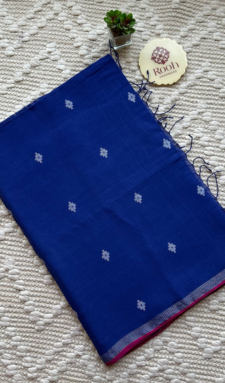 PREMIUM JAMDANI WEAVE HANDWOVEN AND HANDSPUN COTTON SAREE - ADMIRAL BLUE