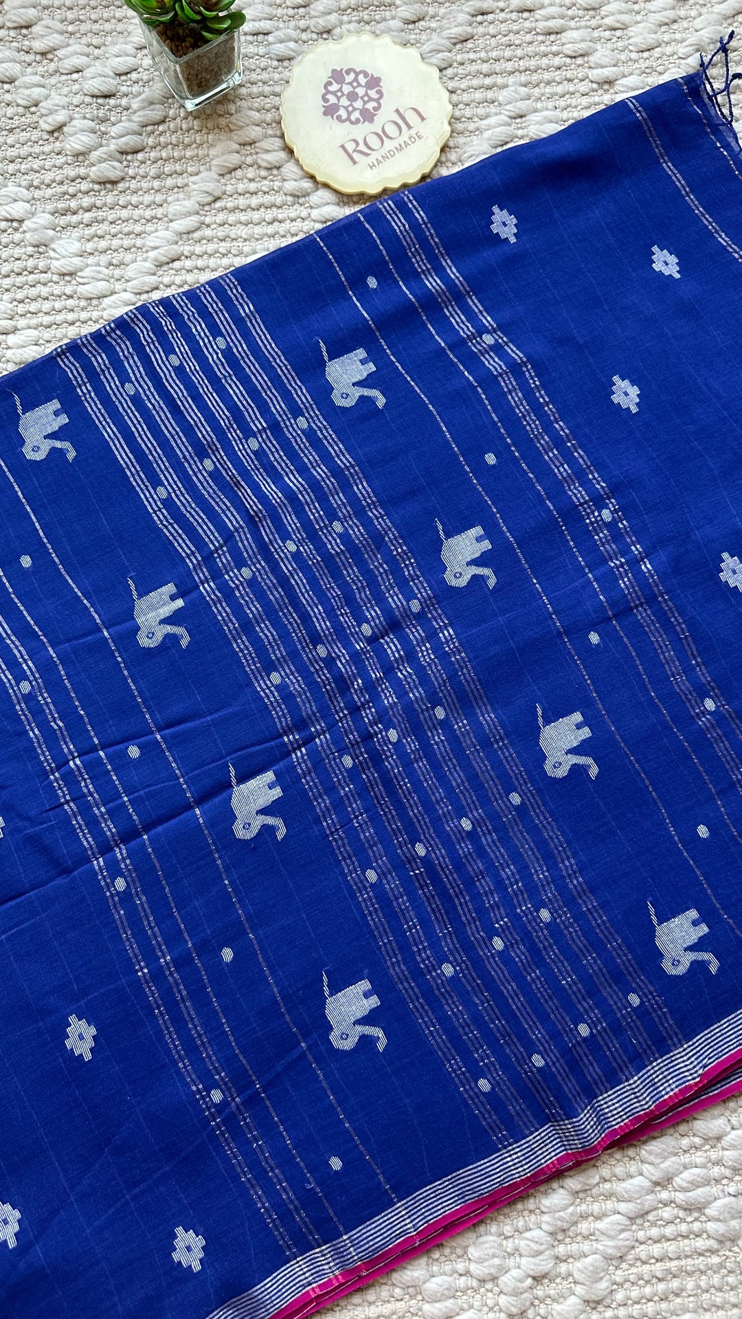 PREMIUM JAMDANI WEAVE HANDWOVEN AND HANDSPUN COTTON SAREE - ADMIRAL BLUE