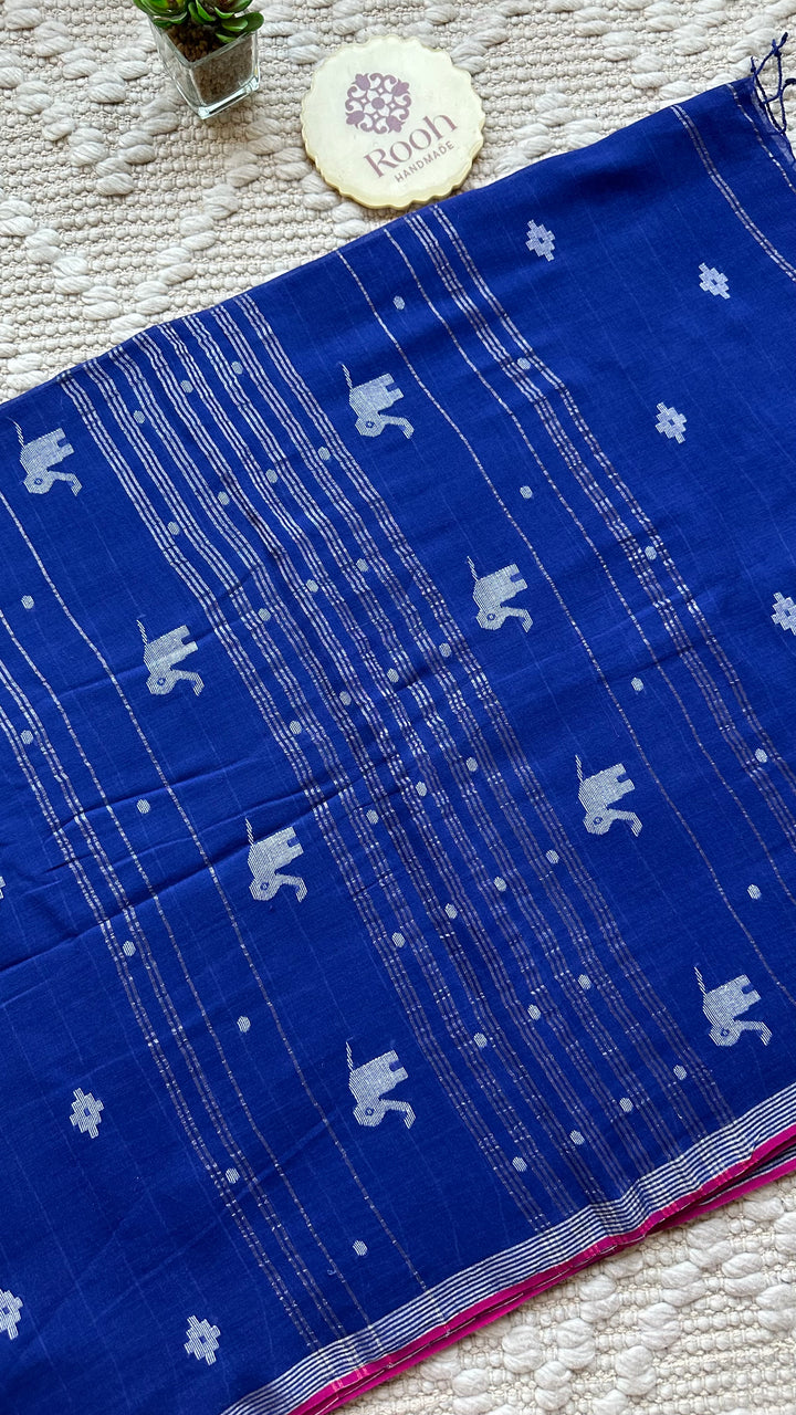 PREMIUM JAMDANI WEAVE HANDWOVEN AND HANDSPUN COTTON SAREE - ADMIRAL BLUE