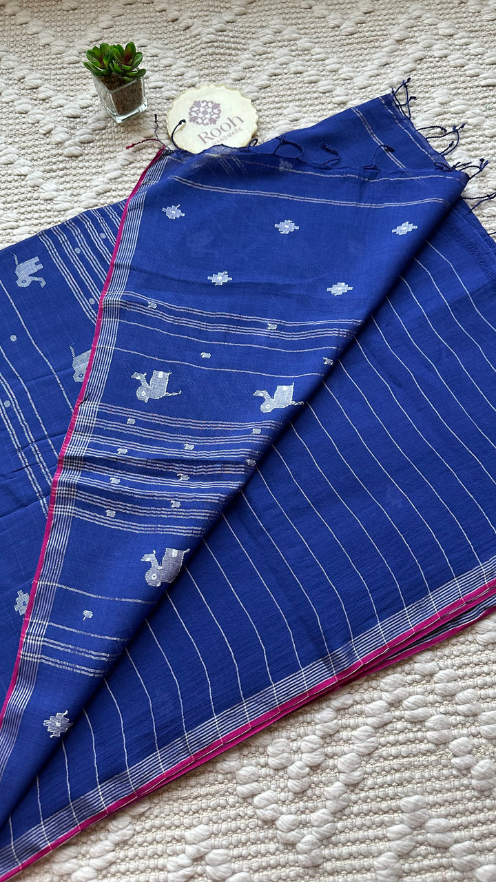 PREMIUM JAMDANI WEAVE HANDWOVEN AND HANDSPUN COTTON SAREE - ADMIRAL BLUE