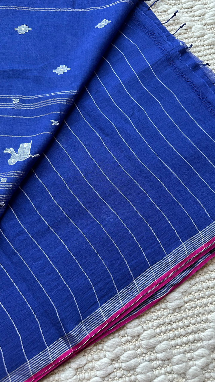 PREMIUM JAMDANI WEAVE HANDWOVEN AND HANDSPUN COTTON SAREE - ADMIRAL BLUE