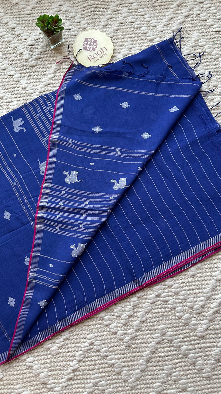 PREMIUM JAMDANI WEAVE HANDWOVEN AND HANDSPUN COTTON SAREE - ADMIRAL BLUE