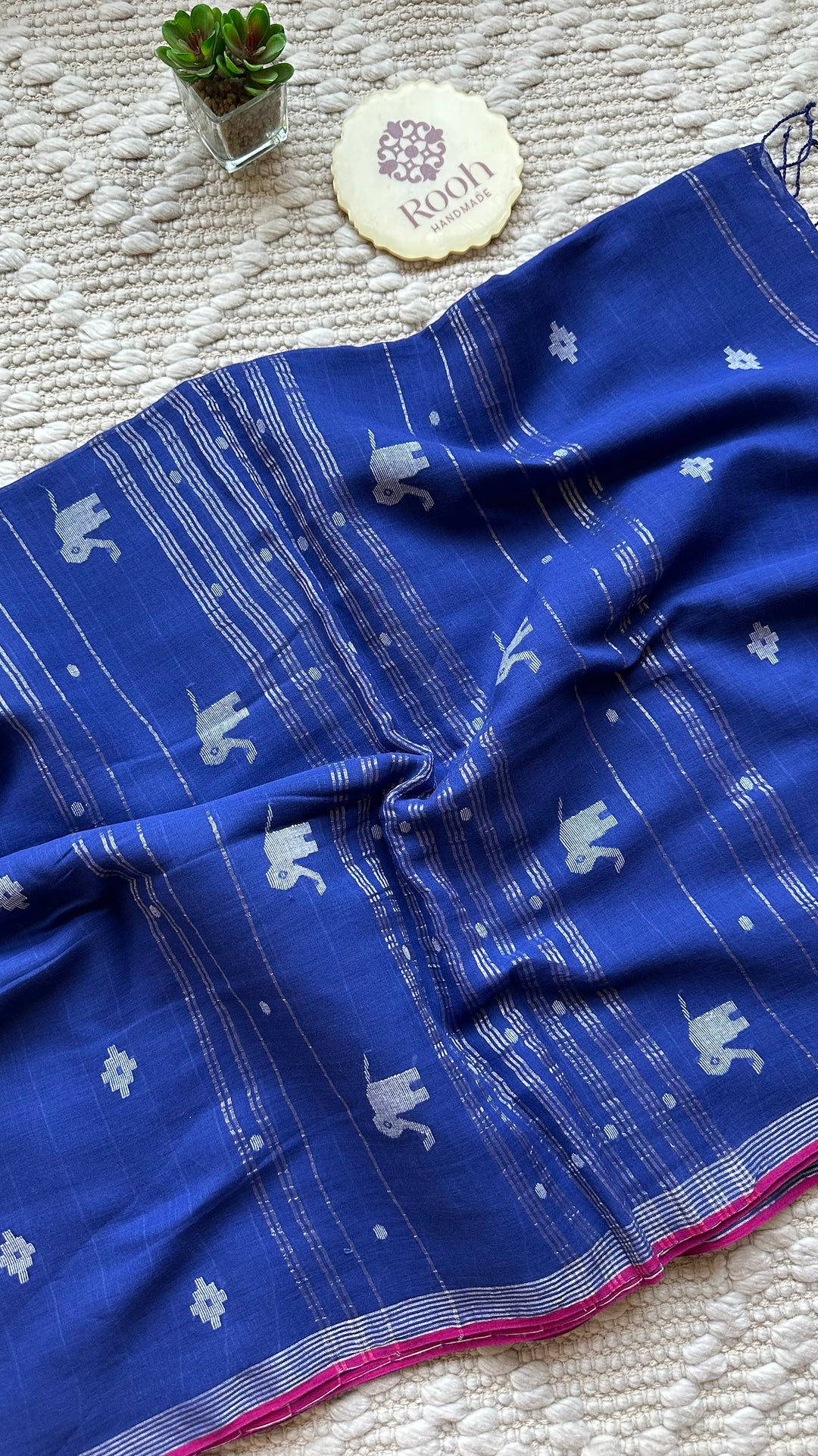 PREMIUM JAMDANI WEAVE HANDWOVEN AND HANDSPUN COTTON SAREE - ADMIRAL BLUE