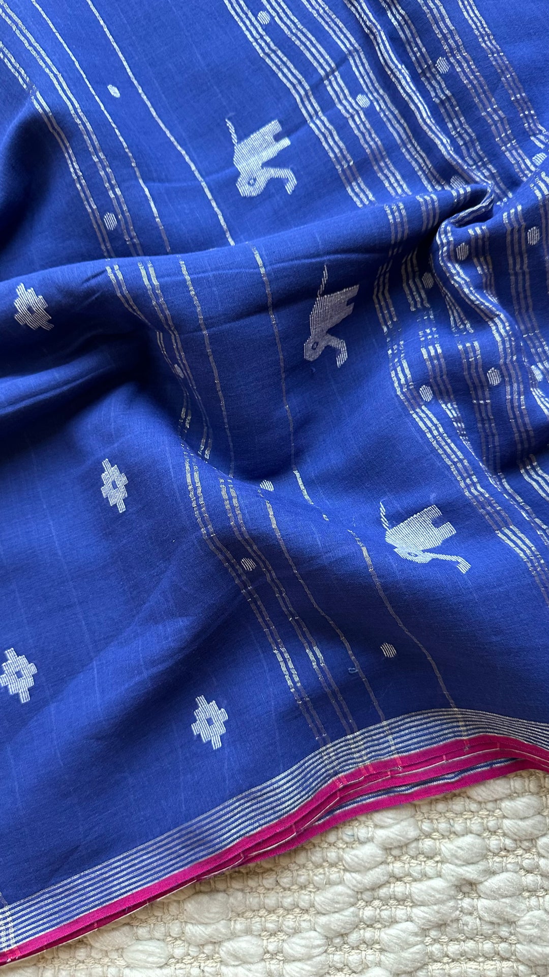 PREMIUM JAMDANI WEAVE HANDWOVEN AND HANDSPUN COTTON SAREE - ADMIRAL BLUE