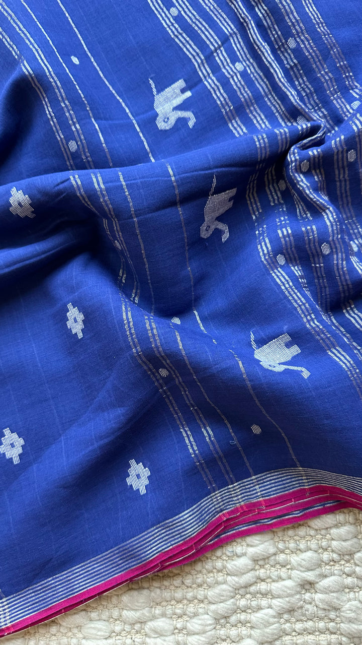 PREMIUM JAMDANI WEAVE HANDWOVEN AND HANDSPUN COTTON SAREE - ADMIRAL BLUE