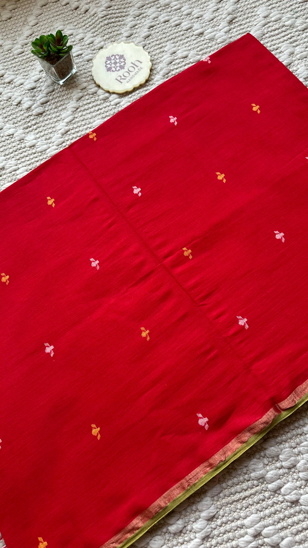 PREMIUM JAMDANI WEAVE HANDWOVEN AND HANDSPUN COTTON SAREE - VERMILLION RED (AVAILABLE ON PRE ORDER - DISPATCH TIME IS 30 TO 40 DAYS)