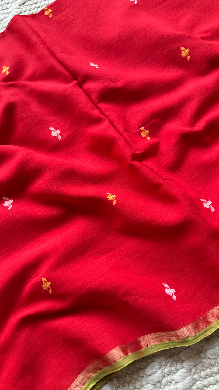 PREMIUM JAMDANI WEAVE HANDWOVEN AND HANDSPUN COTTON SAREE - VERMILLION RED (AVAILABLE ON PRE ORDER - DISPATCH TIME IS 30 TO 40 DAYS)