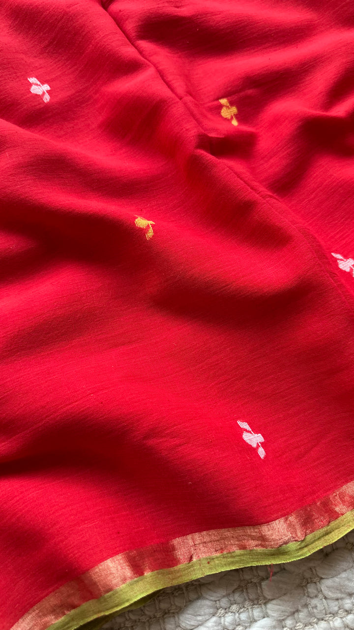 PREMIUM JAMDANI WEAVE HANDWOVEN AND HANDSPUN COTTON SAREE - VERMILLION RED (AVAILABLE ON PRE ORDER - DISPATCH TIME IS 30 TO 40 DAYS)