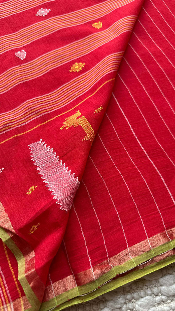 PREMIUM JAMDANI WEAVE HANDWOVEN AND HANDSPUN COTTON SAREE - VERMILLION RED (AVAILABLE ON PRE ORDER - DISPATCH TIME IS 30 TO 40 DAYS)