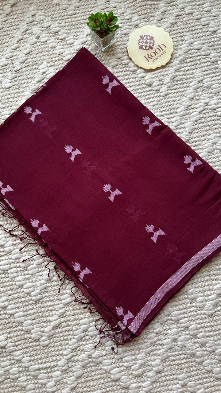 PREMIUM JAMDANI WEAVE HANDWOVEN AND HANDSPUN COTTON SAREE - BURGUNDY WINE