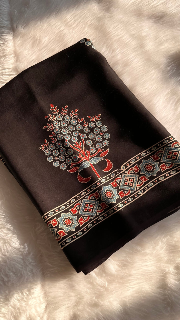 ABHIRI - BLACK AJRAKH HAND BLOCK PRINTED MODAL SILK SAREE