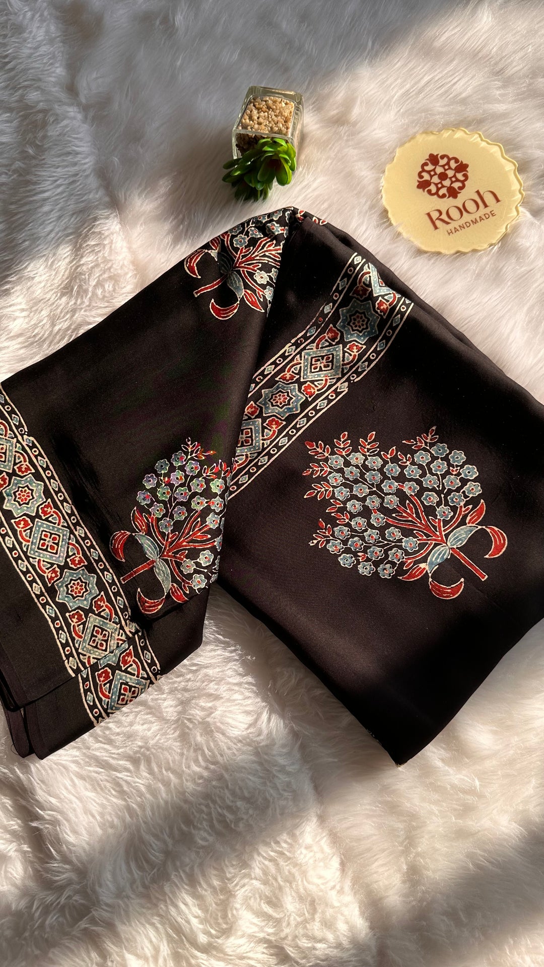 ABHIRI - BLACK AJRAKH HAND BLOCK PRINTED MODAL SILK SAREE