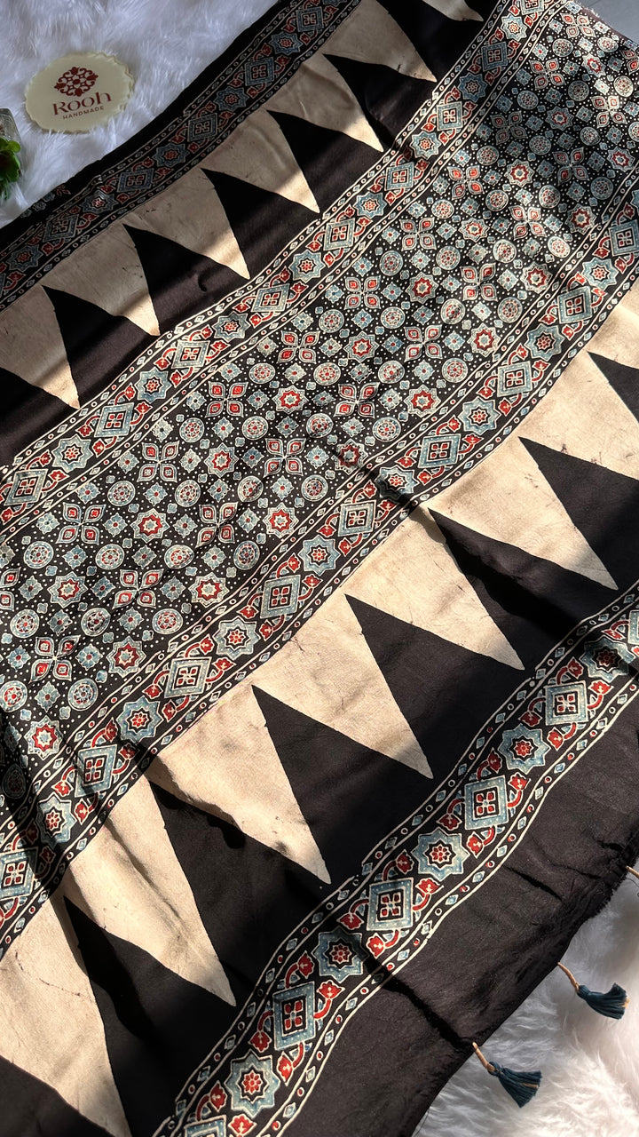 ABHIRI - BLACK AJRAKH HAND BLOCK PRINTED MODAL SILK SAREE